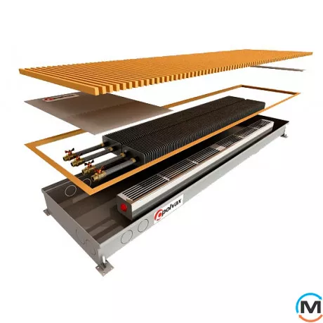 Внутрішньопідлоговий конвектор Polvax KVM.360.1250.65, Тип конвектора: З вентилятором, Корпус конвектора: Нержавіюча сталь, Кількість теплообмінників: 2, Напруга вентилятора: 12 V, Глибина (мм): 65, Ширина (мм): 360, Довжина (мм): 1250, фото 