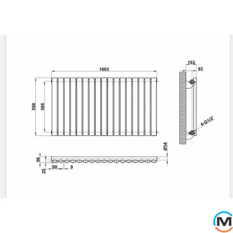 Горизонтальный дизайнерский радиатор ARTTIDESIGN Rimini G 17/550/1003 белый матовый, Подключение радиатора: Боковое, Исполнение: Горизонтальный, Цвет: Белый, Высота (мм): 550, Кол-во секций: 17, Длина (мм): 1003, Глубина (мм): 103, Количество рядов: 1, фото , изображение 4