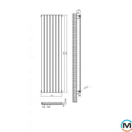 Вертикальний дизайнерський радіатор ARTTIDESIGN Livorno 7/1800/476/50 чорний матовий, Підключення радіатора: Нижнє, Виконання: Вертикальний, Колір: Чорний, Висота (мм): 1800, Кількість секцій: 7, Довжина (мм): 476, Глибина (мм): 93, Кількість рядів: 1, фото , зображення 3