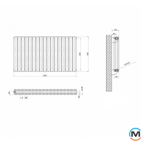 Горизонтальный дизайн радиатор ARTTIDESIGN Rimini II G 17/550/1003 белый матовый, Подключение радиатора: Боковое, Исполнение: Горизонтальный, Цвет: Белый, Высота (мм): 550, Кол-во секций: 17, Длина (мм): 1003, Глубина (мм): 103, Количество рядов: 2, фото , изображение 4