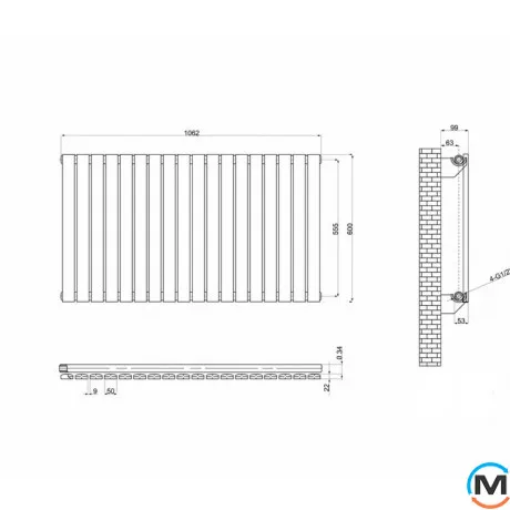 Горизонтальний дизайн радіатор ARTTIDESIGN Terni G 18/600/1062 чорний матовий, Підключення радіатора: Нижнє, Виконання: Горизонтальний, Колір: Чорний, Висота (мм): 600, Кількість секцій: 18, Довжина (мм): 1062, Глибина (мм): 99, Кількість рядів: 1, фото , зображення 4