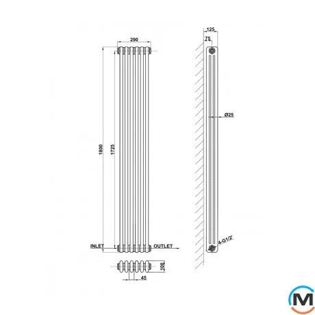 Вертикальні дизайнерські радіатори ARTTIDESIGN Bari III 6/1800/290 сірий матовий, Виконання: Вертикальний, Колір: Сірий, Висота (мм): 1800, Глибина (мм): 125, Кількість секцій: 6, Довжина (мм): 290, фото , зображення 5