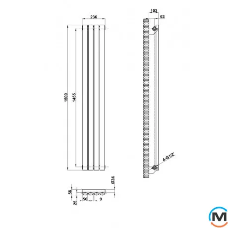 Вертикальный дизайнерский радиатор ARTTIDESIGN Rimini 4/1500/236 серый матовый, Подключение радиатора: Боковое, Исполнение: Вертикальный, Цвет: Серый, Высота (мм): 1500, Кол-во секций: 4, Длина (мм): 236, Глубина (мм): 103, Количество рядов: 1, фото , изображение 3