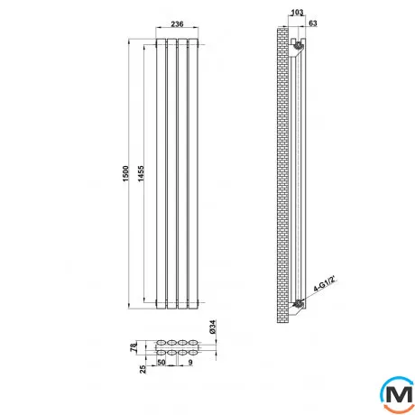 Вертикальный дизайнерский радиатор ARTTIDESIGN Rimini II 4/1500/236/50 белый матовый, Подключение радиатора: Нижнее, Исполнение: Вертикальный, Цвет: Белый, Высота (мм): 1500, Кол-во секций: 4, Длина (мм): 236, Глубина (мм): 103, Количество рядов: 2, фото , изображение 3