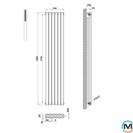 Вертикальный дизайнерский радиатор ARTTIDESIGN Rimini II 6/1800/354/50 белый матовый, Подключение радиатора: Нижнее, Исполнение: Вертикальный, Цвет: Белый, Высота (мм): 1800, Кол-во секций: 6, Длина (мм): 354, Количество рядов: 2, фото , изображение 4