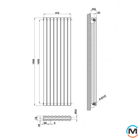 Вертикальний дизайнерський радіатор ARTTIDESIGN Rimini II 8/1500/472/50 сірий матовий, Підключення радіатора: Нижнє, Виконання: Вертикальний, Колір: Сірий, Висота (мм): 1500, Кількість секцій: 8, Довжина (мм): 472, Глибина (мм): 103, Кількість рядів: 2, фото , зображення 3