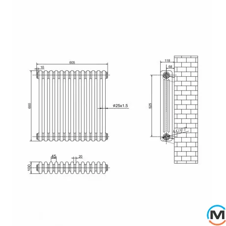 Горизонтальний дизайн радіатор ARTTIDESIGN Bari III G 13/600/605 білий матовий, Виконання: Горизонтальний, Колір: Білий, Висота (мм): 600, Глибина (мм): 118, Кількість секцій: 13, Довжина (мм): 605, фото , зображення 4
