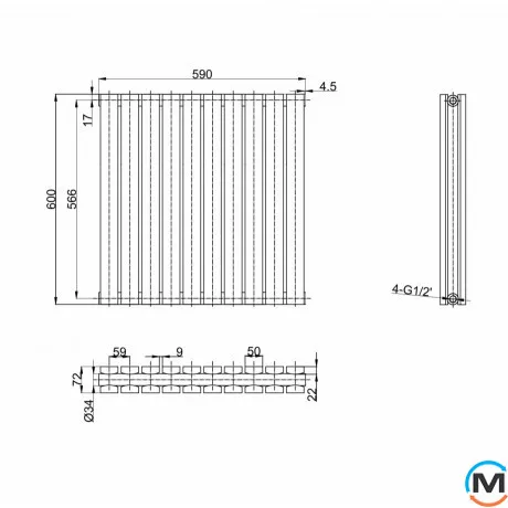 Горизонтальний дизайн радіатор ARTTIDESIGN Terni II G 10/600/590 білий мат, Підключення радіатора: Нижнє, Виконання: Горизонтальний, Колір: Білий, Висота (мм): 600, Кількість секцій: 10, Довжина (мм): 590, Глибина (мм): 99, Кількість рядів: 2, фото , зображення 4