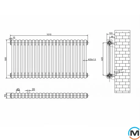Горизонтальний дизайн радіатор ARTTIDESIGN Bari II G 22/500/1010 сірий матовий, Виконання: Горизонтальний, Колір: Сірий, Висота (мм): 500, Глибина (мм): 103, Кількість секцій: 22, Довжина (мм): 1010, фото , зображення 4