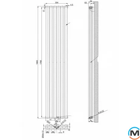 Вертикальний дизайнерський радіатор ARTTIDESIGN Terni II 6/1800/354/50 сірий матовий, Підключення радіатора: Нижнє, Виконання: Вертикальний, Колір: Сірий, Висота (мм): 1800, Кількість секцій: 6, Довжина (мм): 354, Глибина (мм): 99, Кількість рядів: 2, фото , зображення 3