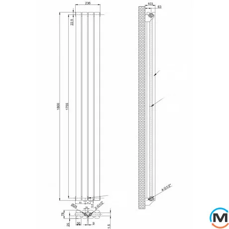 Вертикальный дизайнерский радиатор ARTTIDESIGN Rimini II 4/1800/236/50 серый матовый, Подключение радиатора: Нижнее, Исполнение: Вертикальный, Цвет: Серый, Высота (мм): 1800, Кол-во секций: 4, Длина (мм): 236, Глубина (мм): 103, Количество рядов: 2, фото , изображение 4
