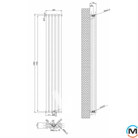 Вертикальний дизайнерський радіатор ARTTIDESIGN Matera II 5/1800/295/50 чорний матовий, Підключення радіатора: Нижнє, Колір: Чорний, Кількість секцій: 5, фото , зображення 4