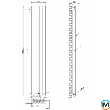 Вертикальный дизайнерский радиатор ARTTIDESIGN Rimini II 5/1800/295/50 черный матовый, Подключение радиатора: Нижнее, Исполнение: Вертикальный, Цвет: Черный, Высота (мм): 1800, Кол-во секций: 5, Длина (мм): 295, Глубина (мм): 103, Количество рядов: 2, фото , изображение 4
