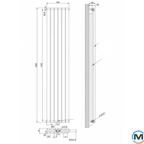 Вертикальный дизайнерский радиатор ARTTIDESIGN Rimini II 6/1800/354/50 серый матовый, Подключение радиатора: Нижнее, Исполнение: Вертикальный, Цвет: Серый, Высота (мм): 1800, Кол-во секций: 6, Длина (мм): 354, Глубина (мм): 103, Количество рядов: 2, фото , изображение 4