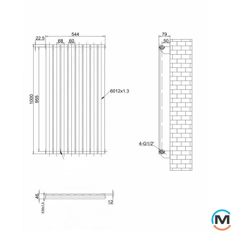 Дизайнерський вертикальний радіатор ARTTIDESIGN Livorno 8/1000/544 чорний матовий, фото , зображення 5