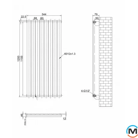 Дизайнерський вертикальний радіатор ARTTIDESIGN Livorno 8/1200/544 білий матовий, Підключення радіатора: Бокове, Виконання: Вертикальний, Колір: Білий, Висота (мм): 1200, Кількість секцій: 8, Довжина (мм): 544, Глибина (мм): 93, Кількість рядів: 1, фото , зображення 4