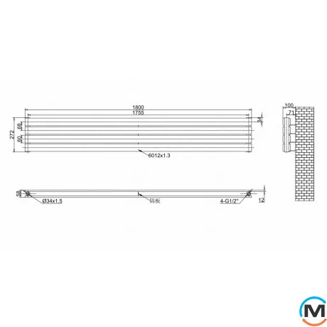 Горизонтальный дизайн радиатор ARTTIDESIGN Livorno II G 4/272/1800 черный матовый, Цвет: Черный, Высота (мм): 272, Глубина (мм): 100, Кол-во секций: 4, Длина (мм): 1800, фото , изображение 4