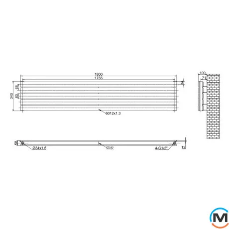 Горизонтальний дизайн радіатор ARTTIDESIGN Livorno II G 5/340/1800 чорний матовий, Колір: Чорний, Висота (мм): 340, Глибина (мм): 100, Кількість секцій: 5, Довжина (мм): 1800, фото , зображення 4