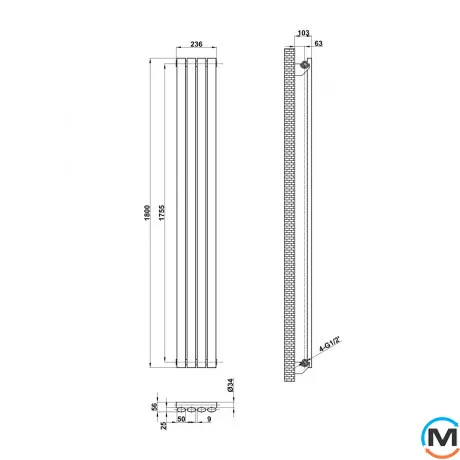 Вертикальный дизайнерский радиатор ARTTIDESIGN Rimini 4/1800/236/50 черный матовый, Подключение радиатора: Нижнее, Исполнение: Вертикальный, Цвет: Черный, Высота (мм): 1800, Кол-во секций: 4, Длина (мм): 236, Глубина (мм): 103, Количество рядов: 1, фото , изображение 3