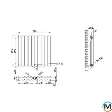 Горизонтальний дизайнерський радіатор ARTTIDESIGN Rimini II G 10/550/590/50 чорний матовий, Підключення радіатора: Нижнє, Виконання: Горизонтальний, Колір: Чорний, Висота (мм): 550, Кількість секцій: 10, Довжина (мм): 590, Кількість рядів: 2, фото , зображення 7