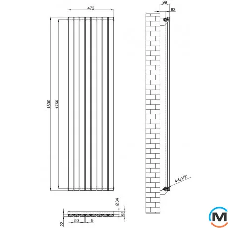 Вертикальный дизайнерский радиатор ARTTIDESIGN Terni 8/1800/472 серый матовый, Подключение радиатора: Боковое, Исполнение: Вертикальный, Цвет: Серый, Высота (мм): 1800, Кол-во секций: 8, Длина (мм): 472, Глубина (мм): 99, Количество рядов: 1, фото , изображение 4