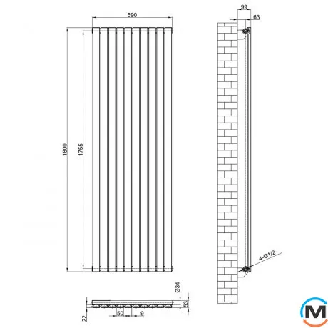 Вертикальний дизайнерський радіатор ARTTIDESIGN Terni 10/1800/590 білий матовий, Підключення радіатора: Бокове, Виконання: Вертикальний, Колір: Білий, Висота (мм): 1800, Кількість секцій: 10, Довжина (мм): 590, Глибина (мм): 99, Кількість рядів: 1, фото , зображення 4