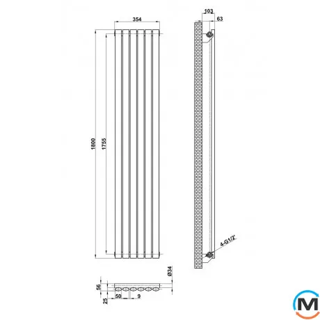 Вертикальний дизайнерський радіатор ARTTIDESIGN Rimini 6/1800/354 сірий матовий, Підключення радіатора: Бокове, Виконання: Вертикальний, Колір: Сірий, Висота (мм): 1800, Кількість секцій: 6, Довжина (мм): 354, Кількість рядів: 1, фото , зображення 3