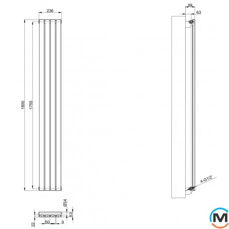 Вертикальний дизайнерський радіатор ARTTIDESIGN Terni 4/1800/236 сірий матовий, Підключення радіатора: Бокове, Виконання: Вертикальний, Колір: Сірий, Висота (мм): 1800, Кількість секцій: 4, Довжина (мм): 236, Глибина (мм): 99, Кількість рядів: 1, фото , зображення 3