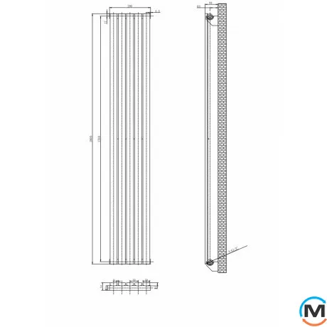Вертикальний дизайнерський радіатор ARTTIDESIGN Terni 5/1800/295 чорний матовий, Підключення радіатора: Бокове, Виконання: Вертикальний, Колір: Чорний, Висота (мм): 1800, Кількість секцій: 5, Довжина (мм): 295, Глибина (мм): 94, Кількість рядів: 1, фото , зображення 3