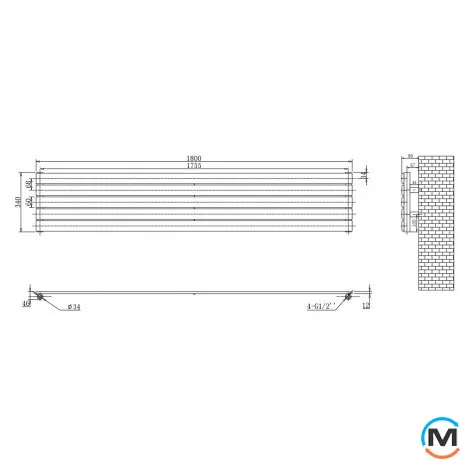 Горизонтальный дизайн радиатор ARTTIDESIGN Livorno G 5/340/1800 черный матовый, Цвет: Белый, Высота (мм): 340, Кол-во секций: 5, Длина (мм): 1800, фото , изображение 4
