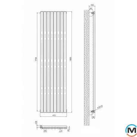 Дизайнерский вертикальный радиатор ARTTIDESIGN Rimini 8/1800/472/50 черный матовый, Подключение радиатора: Нижнее, Исполнение: Вертикальный, Цвет: Черный, Высота (мм): 1800, Кол-во секций: 8, Длина (мм): 472, Количество рядов: 1, фото , изображение 4