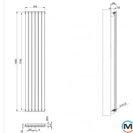 Вертикальний дизайнерський радіатор ARTTIDESIGN Terni 6/1800/354 чорний матовий, Підключення радіатора: Бокове, Колір: Чорний, Кількість секцій: 6, Кількість рядів: 1, Довжина (мм): 354, фото , зображення 3