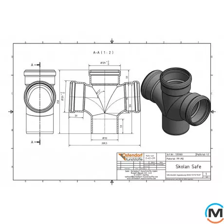 Хрестовина каналізаційна Ostendorf Skolan db 110/110х87, Варіант: 100/100х87, Вид каналізації: Внутрішня, Тип каналізації: Безшумна, Градус (град.): 90, Виконання: Одноплощинна, Діаметр (мм): 100, Матеріал: Поліпропілен PPR, фото , зображення 2