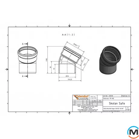 Колено канализационное Ostendorf Skolan db 110х30, Вид канализации: Внутренняя, Тип канализации: Бесшумная, Градус (град.): 30, Цвет: Светло-серый, Диаметр (мм): 100, Материал: Полипропилен PPR, фото , изображение 2