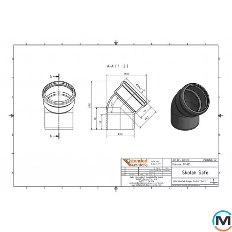 Коліно каналізаційне Ostendorf Skolan db 110х45, Вид каналізації: Внутрішня, Тип каналізації: Безшумна, Градус (град.): 45, Колір: Світло сірий, Діаметр (мм): 100, Матеріал: Поліпропілен PPR, фото , зображення 2