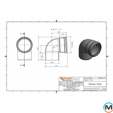Коліно каналізаційне Ostendorf Skolan db 110х87, Вид каналізації: Внутрішня, Тип каналізації: Безшумна, Градус (град.): 90, Колір: Світло сірий, Діаметр (мм): 100, Матеріал: Поліпропілен PPR, фото , зображення 2