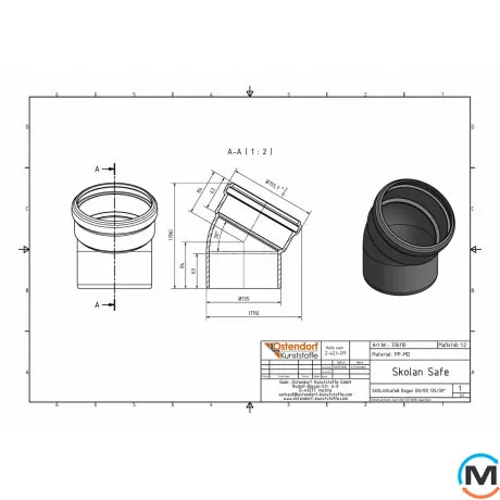 Колено канализационное Ostendorf Skolan db 125х30, Вид канализации: Внутренняя, Тип канализации: Бесшумная, Градус (град.): 30, Цвет: Светло-серый, Диаметр (мм): 125, Материал: Полипропилен PPR, фото , изображение 2