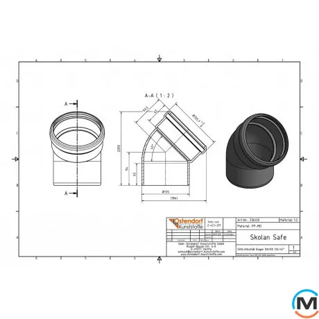 Колено канализационное Ostendorf Skolan db 125х45, Вид канализации: Внутренняя, Тип канализации: Бесшумная, Градус (град.): 45, Цвет: Светло-серый, Диаметр (мм): 125, Материал: Полипропилен PPR, фото , изображение 2