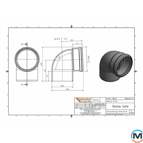 Колено канализационное Ostendorf Skolan db 125х87, Вид канализации: Внутренняя, Тип канализации: Бесшумная, Градус (град.): 90, Цвет: Светло-серый, Диаметр (мм): 125, Материал: Полипропилен PPR, фото , изображение 2