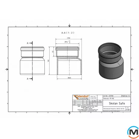 Редукция канализационная Ostendorf Skolan db 150/125, Вариант: Обычная, Вид канализации: Внутренняя, Тип канализации: Бесшумная, Модификация: 150/125, Исполнение: Для Skolan db, Цвет: Светло-серый, Диаметр (мм): 150, Материал: Полипропилен PPR, фото , изображение 2