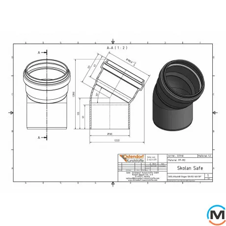 Колено канализационное Ostendorf Skolan db 150х30, Вид канализации: Внутренняя, Тип канализации: Бесшумная, Градус (град.): 30, Цвет: Светло-серый, Диаметр (мм): 150, Материал: Полипропилен PPR, фото , изображение 2