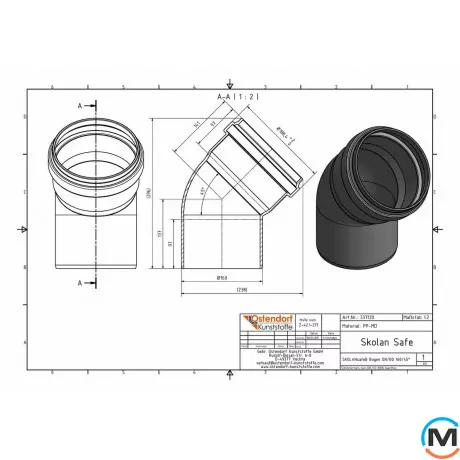 Коліно каналізаційне Ostendorf Skolan db 150х45, Вид каналізації: Внутрішня, Тип каналізації: Безшумна, Градус (град.): 45, Колір: Світло сірий, Діаметр (мм): 150, Матеріал: Поліпропілен PPR, фото , зображення 2
