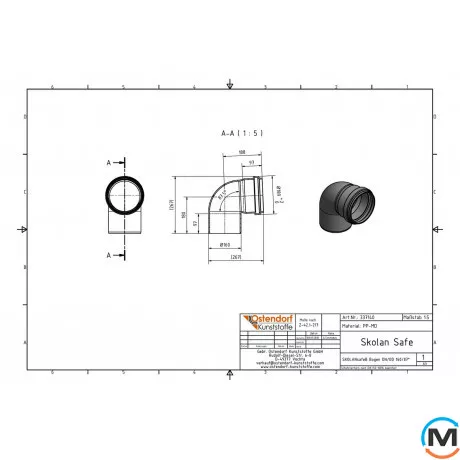 Колено канализационное Ostendorf Skolan db 150х87, Вид канализации: Внутренняя, Тип канализации: Бесшумная, Градус (град.): 90, Цвет: Светло-серый, Диаметр (мм): 150, Материал: Полипропилен PPR, фото , изображение 2