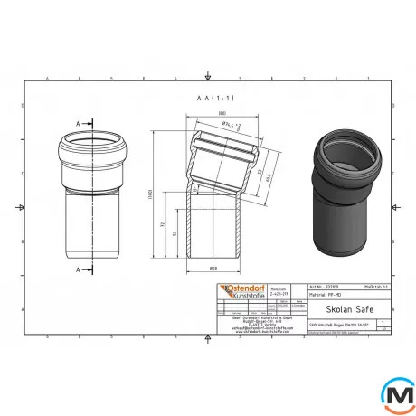 Колено канализационное Ostendorf Skolan db 58х15, Вид канализации: Внутренняя, Тип канализации: Бесшумная, Градус (град.): 15, Цвет: Светло-серый, Диаметр (мм): 50, Материал: Полипропилен PPR, фото , изображение 2