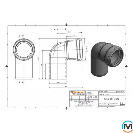 Коліно каналізаційне Ostendorf Skolan db 58х87, Вид каналізації: Внутрішня, Тип каналізації: Безшумна, Градус (град.): 90, Колір: Світло сірий, Діаметр (мм): 50, Матеріал: Поліпропілен PPR, фото , зображення 2