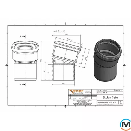 Колено канализационное Ostendorf Skolan db 75х15, Вид канализации: Внутренняя, Тип канализации: Бесшумная, Градус (град.): 15, Цвет: Светло-серый, Диаметр (мм): 75, Материал: Полипропилен PPR, фото , изображение 2