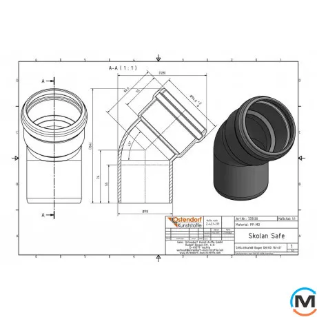 Колено канализационное Ostendorf Skolan db 75х45, Вид канализации: Внутренняя, Тип канализации: Бесшумная, Градус (град.): 45, Цвет: Светло-серый, Диаметр (мм): 75, Материал: Полипропилен PPR, фото , изображение 2