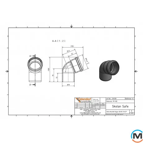 Колено канализационное Ostendorf Skolan db 75х67, Вид канализации: Внутренняя, Тип канализации: Бесшумная, Градус (град.): 67, Цвет: Светло-серый, Диаметр (мм): 75, Материал: Полипропилен PPR, фото , изображение 2