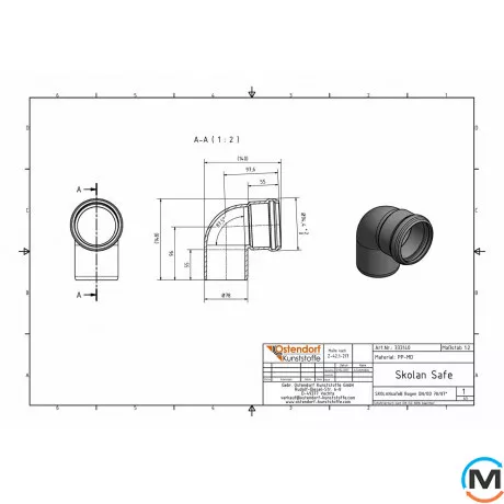 Колено канализационное Ostendorf Skolan db 75х87, Вид канализации: Внутренняя, Тип канализации: Бесшумная, Градус (град.): 90, Цвет: Светло-серый, Диаметр (мм): 75, Материал: Полипропилен PPR, фото , изображение 2