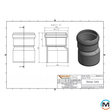 Редукция канализационная Ostendorf Skolan db 90/70, Вариант: Обычная, Вид канализации: Внутренняя, Тип канализации: Бесшумная, Модификация: 90/70, Исполнение: Для Skolan db, Цвет: Светло-серый, Диаметр (мм): 90, Материал: Полипропилен PPR, фото , изображение 2